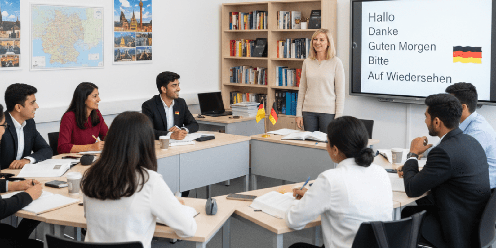 A professional and modern classroom scene for a German language course, showing Indian students learning German with an instructor, a whiteboard displaying German words like “Hallo”, “Danke”, and “Guten Morgen”, German flag elements subtly placed in the background, students engaged in speaking and writing, clean educational environment, bright lighting, realistic style, high resolution, suitable for an institute website banner, professional and inspiring atmosphere