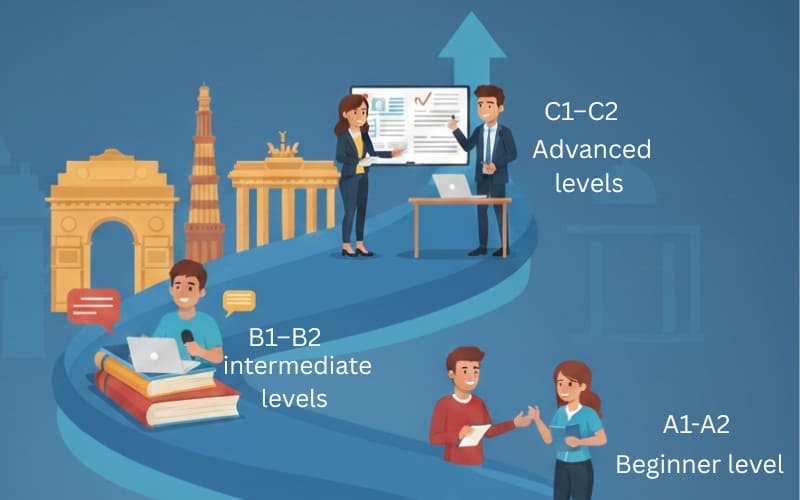 German A1 to C2 course in Delhi showing clear learning progression for complete German language mastery