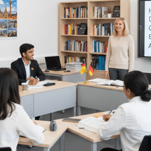 A professional and modern classroom scene for a German language course, showing Indian students learning German with an instructor, a whiteboard displaying German words like “Hallo”, “Danke”, and “Guten Morgen”, German flag elements subtly placed in the background, students engaged in speaking and writing, clean educational environment, bright lighting, realistic style, high resolution, suitable for an institute website banner, professional and inspiring atmosphere